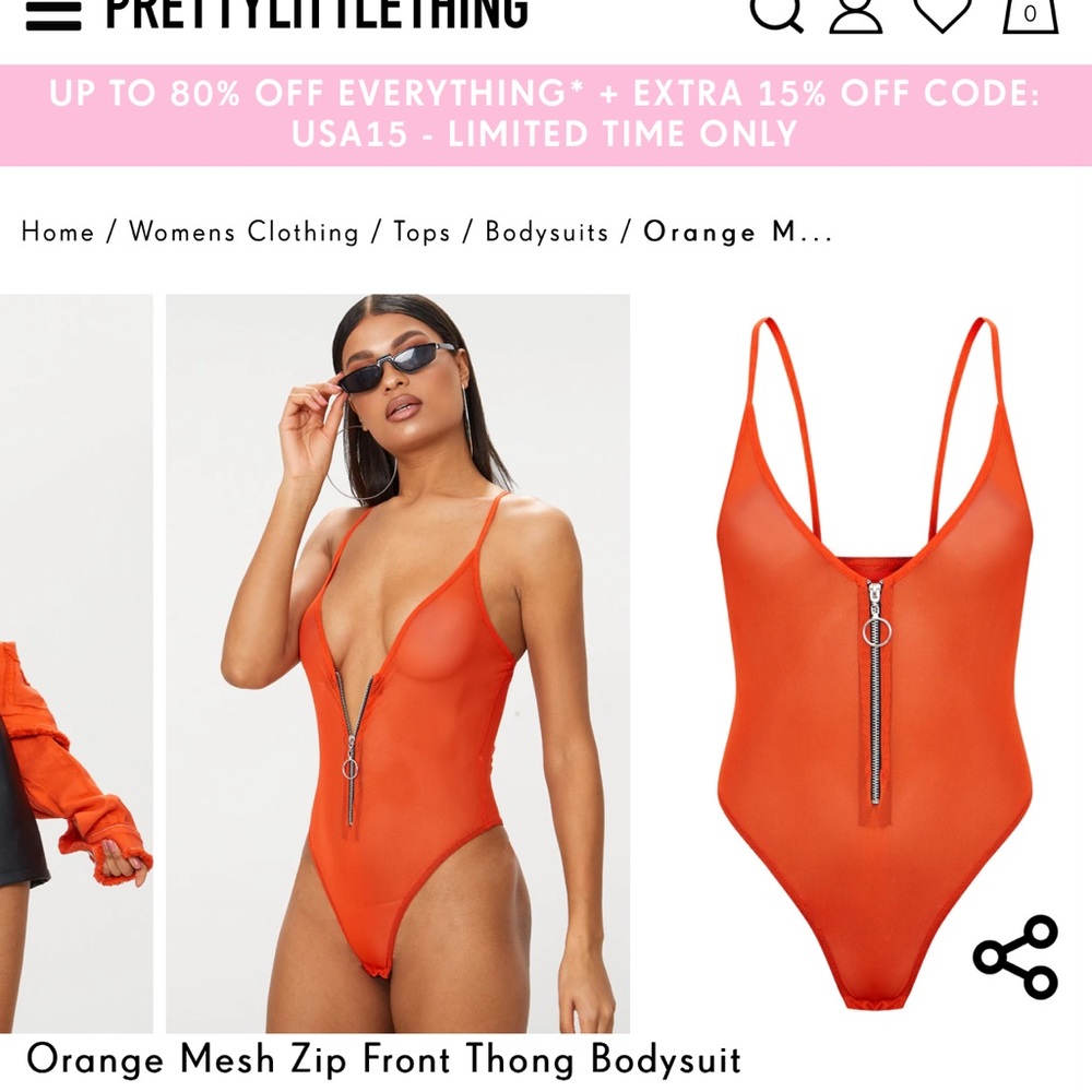 NWT pretty little thing orange mesh zip front thong bodysuit